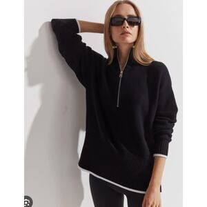 Varley Cooper Knit Sweater Women's Large Black Pullover White Trim 1/2 Zip